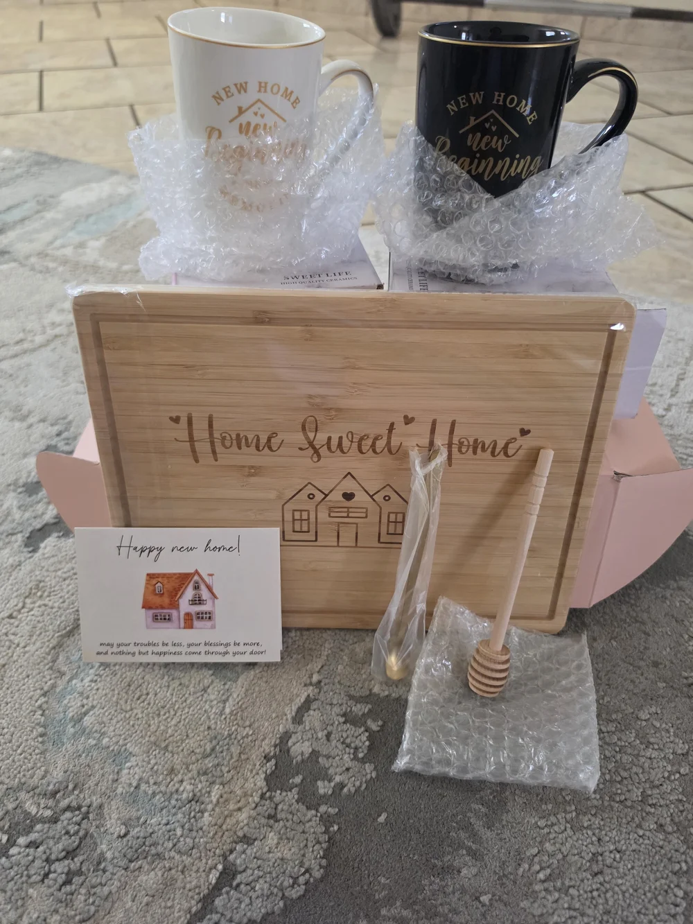 New Home 'Home Sweet Home' Bamboo Cutting Board Gift Set with White & Black Mugs